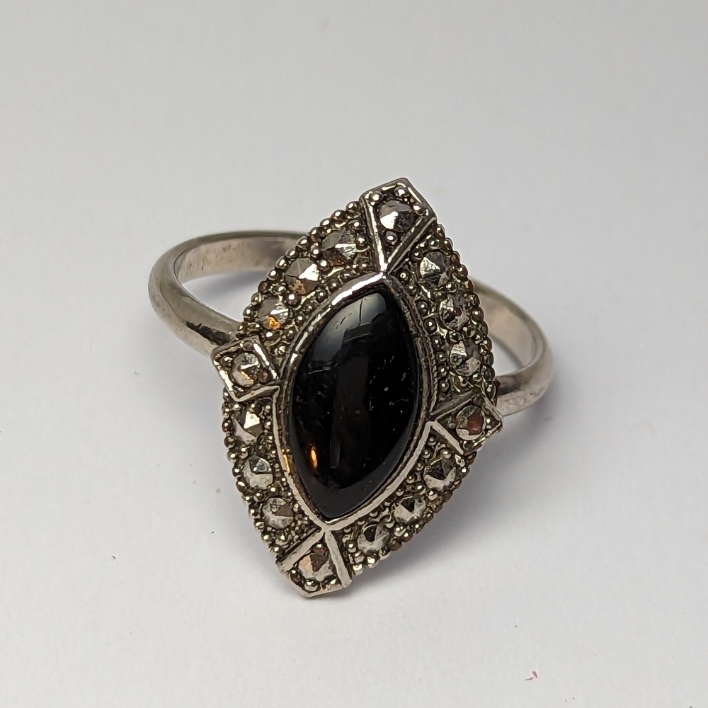 Marcasite Black Rhinestone Marquis Silver tone ring size 9